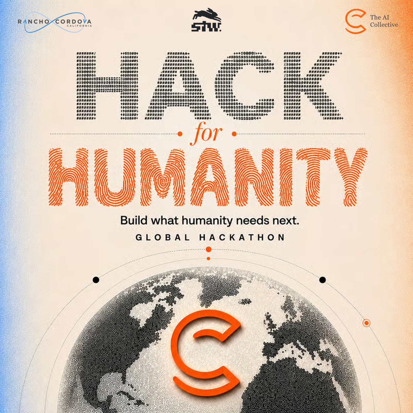 Official Hack for Humanity event artwork featuring Sac Tech Week, The AI Collective and Rancho Cordova